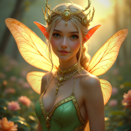 AI generated cute fairy with green dress and butterfly wingsの素材