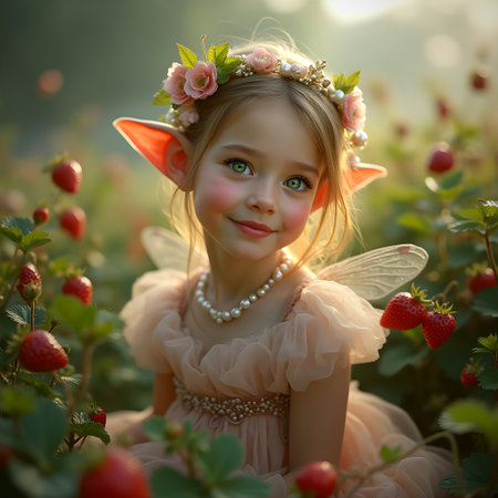 AI generated beautiful fairy surrounded by strawberriesの素材