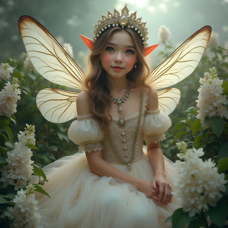 AI generated beautiful fairy surrounded by white lilacsの素材
