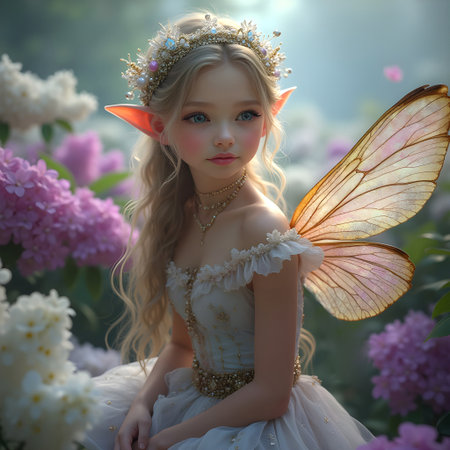 AI generated beautiful fairy surrounded by lilacsの素材