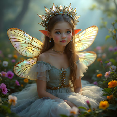 AI generated beautiful fairy surrounded by Pansiesの素材