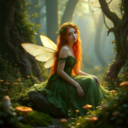 AI generated beautiful fairy sitting on a mossy stone in the woodsの素材