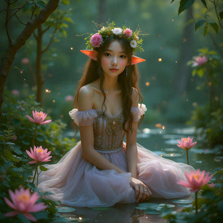 AI generated beautiful fairy on a water lily pondの素材