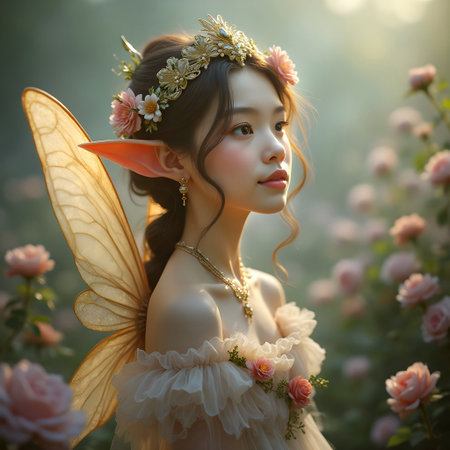 AI generated beautiful fairy surrounded by rosesの素材
