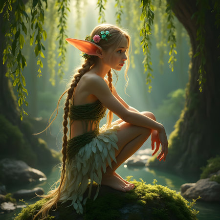 AI generated little fairy crouching at a brooke under weeping willowsの素材