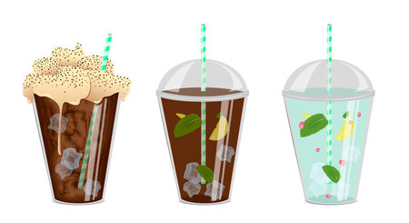 Three drinks. Ice coffee with a cream. Ice tea with a lemon and a mint. Water with a lemon, a mint and berries. 3-in-1のイラスト素材