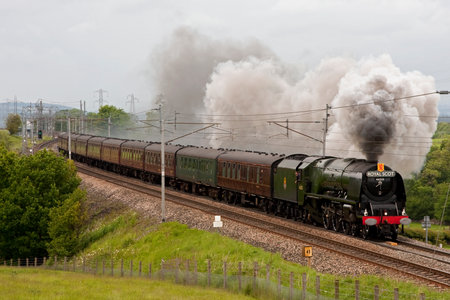 The Royal Scot.  Preserved steam locomotive 46233 Duchess of Sutherland heads the Royal Scot southbound through Hackthorpe, Cumbria, on the west coast mainline.のeditorial素材