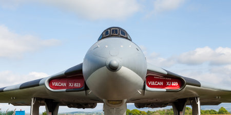Avro Vulcan B2 XJ823.  A close up picture of Avro Vulcan B2 XJ823 at Solway Aviation Museum in Cumbria, England.  The Vulcan was a delta wing bomber first produced in 1960.のeditorial素材