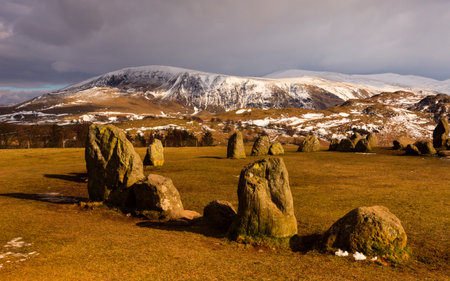 Castlerigg Stone Circle.  A winter scene at Castlerigg Stone Circle situated near Keswick, Cumbria in the English Lake District national park.の写真素材