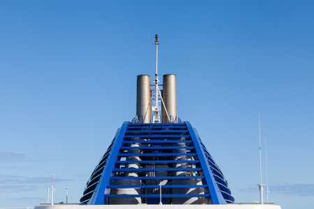 The funnel of a P&O cruise ship is pictured in the North Atlantic Ocean.  PandO cruises is part of the Carnival Corporation.のeditorial素材