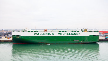 The vehicle carrier Porgy, docked in the port of Southampton, is owned by the Norwegian / Swedish shipping company Wallenius Wilhelmsen.のeditorial素材