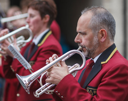 An unidentified member of Penrith Town Band takes part in the annual May Day parade through Penrith...