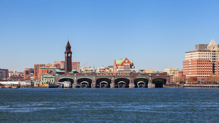 The Erie Lackawanna Terminal in Hoboken and the New Jersey waterfront as viewed from the Hudson River.のeditorial素材