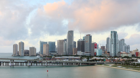 Miami Skyline.  A view across Bayfront Park to the Downtown Miami skyline in Miami, Florida.のeditorial素材