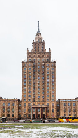 The Academy of Sciences building in the city of Riga, capital of Latvia.  The building was built between 1953 and 1956.のeditorial素材