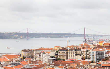 The view from Sao Jorge castle across the Lisbon skyline towards the Ponte 25 de Abril.