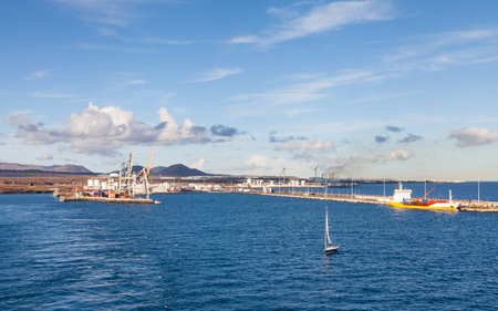 The view towards the port of Arrecife on the Spanish island of Lanzarote.のeditorial素材