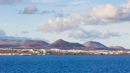 The view towards the resort of Costa Teguise on the Spanish Canary Island of Lanzarote.のeditorial素材