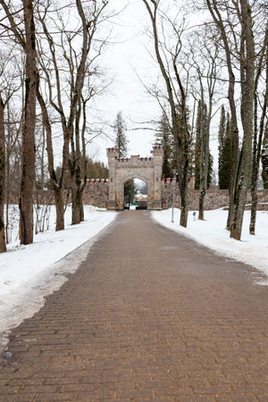 Gateway to New Sigulda Castle.  Sigulda is a town in Latvia and the New Castle was built in 1878.のeditorial素材