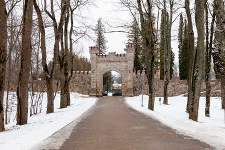 Gateway to New Sigulda Castle.  Sigulda is a town in Latvia and the New Castle was built in 1878.のeditorial素材