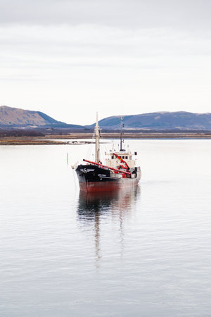 Suction dredger Gerd Stensen is pictured moored in Risoyhamn.  Risoyhamn is a small village on the island of Andoya in Nordland, Norway.のeditorial素材
