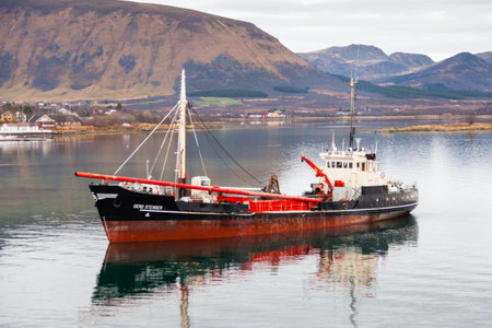 Suction dredger Gerd Stensen is pictured moored in Risoyhamn.  Risoyhamn is a small village on the island of Andoya in Nordland, Norway.のeditorial素材