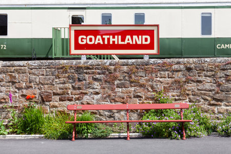 A destination sign for Goathland Station on the North Yorkshire Moors Railway in Northern England.のeditorial素材