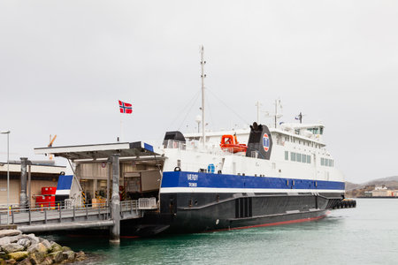 A view of Ro-Ro passenger ship, Vaeroy, moored in Bodo, Norway.のeditorial素材