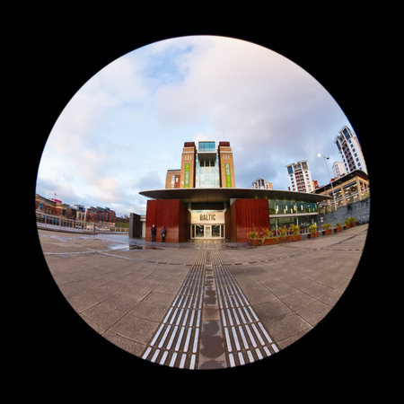 A fish eye view of the entrance to The Baltic Centre for Contemporary Art in Gateshead, North East England.  The centre is a converted flour mill on the banks of the River Tyne.のeditorial素材