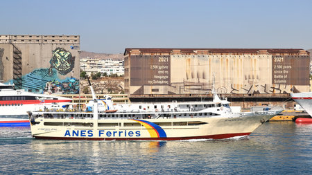 An Anes Ferries ship arrives in Piraeus, Greece.  Anes Ferries is a Greek ferry company sailing from...