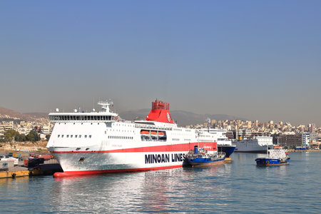 The Minoan Lines high speed Ro-Pax ferry, Knossos Palace, docked in the Greek port of Piraeus.  The...