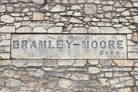 Bramley Moore Dock.  An engraved stone outside Bramley Moore dock on the Liverpool waterfront.  The dock is to be the new home of Everton Football Club.のeditorial素材
