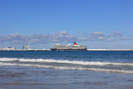 The view from the Municipal Beach of Tangier, Morocco.  The Cunard cruise ship Queen Anne is pictured in the background.のeditorial素材