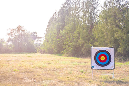 Old used archery target on the field with soft light and color filterの写真素材