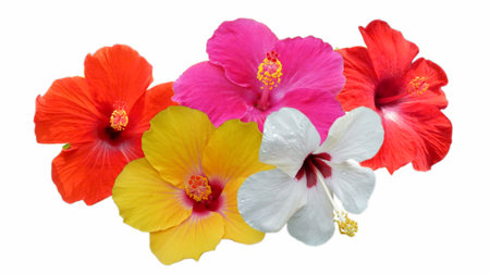 Five color hibicus flowers on white backgroundの写真素材