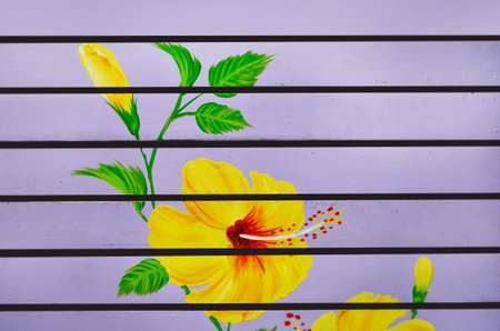 Painted flowers on violet table floorの写真素材