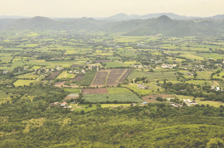 Top view of local village and field in Thailandの写真素材