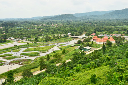 Small islands in the river near the mountainの写真素材