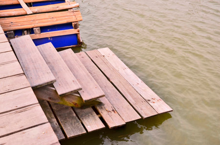 Wood stairs to the waterの写真素材