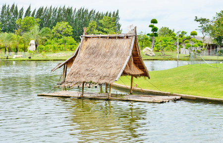 Old bamboo raft with the hutの写真素材