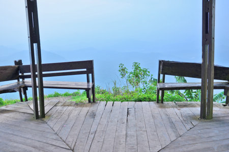 Black floor of pavilion on the cliffの写真素材