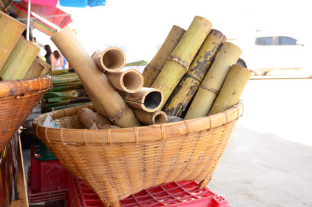 Glutinous rice roasted in bamboo jointsの写真素材