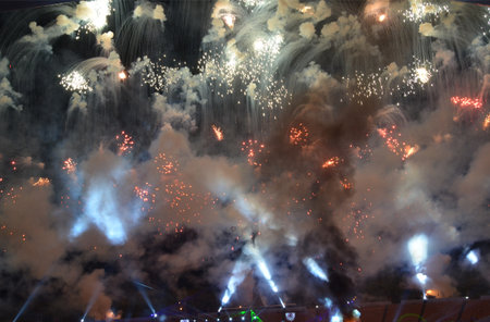 Fireworks and smoke over stadium