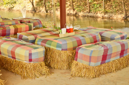 Flavoring food on straw tableの写真素材