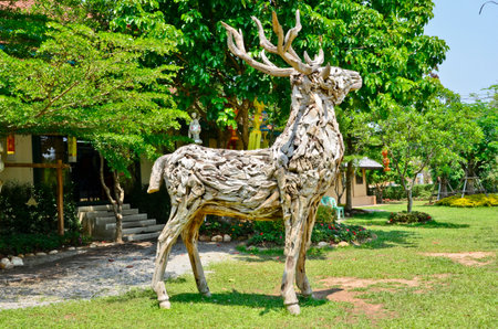 Standing wood deer in the gardenの写真素材