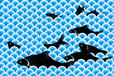 Swimming black carps in the blue waterの写真素材