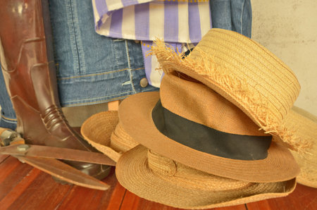Brown woven hats with habilimentsの写真素材