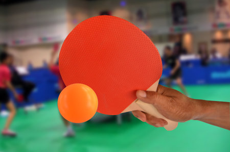 Table tennis game in the gymnasiumの写真素材