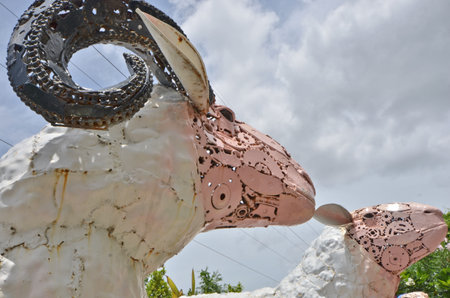 Hermetical iron scrap goats in the parkの写真素材