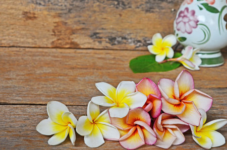 Plumeria flowers with vase background on wood floorの写真素材